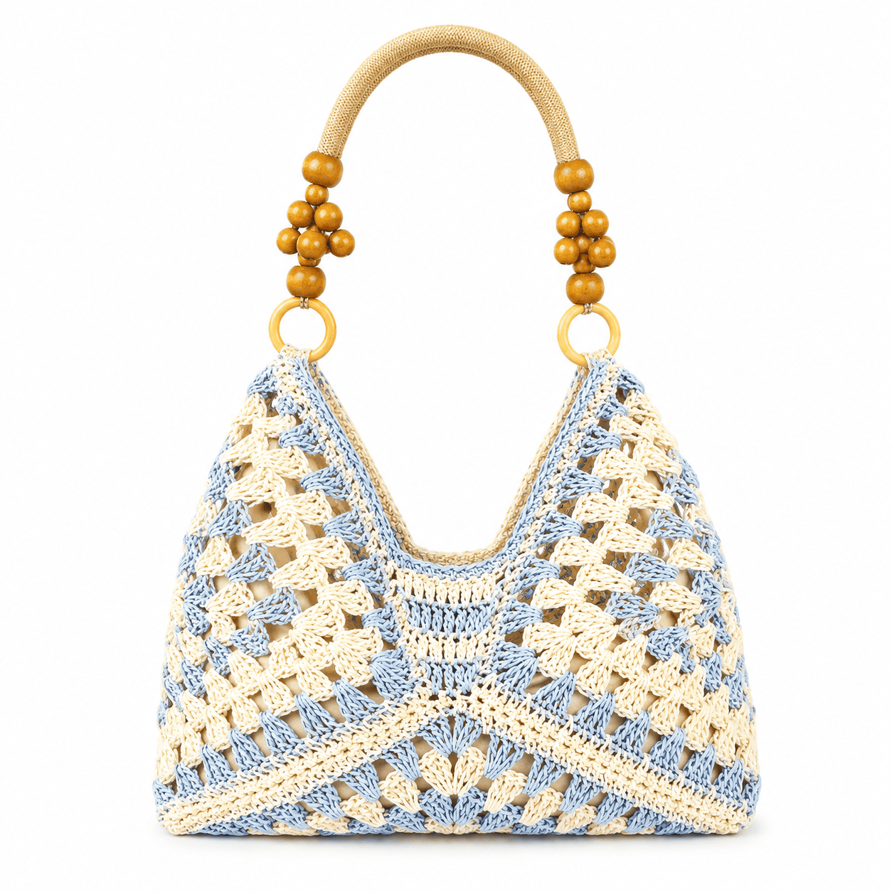 Crochet Granny Square Tote Bag with Wood Bead Handles | Women's Shoulder Bag